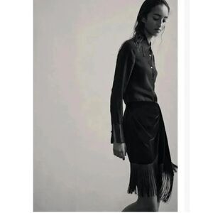 NWT Zara Women Black Fringed Velvet High Waist Ruched Front Detail Mini S #1140